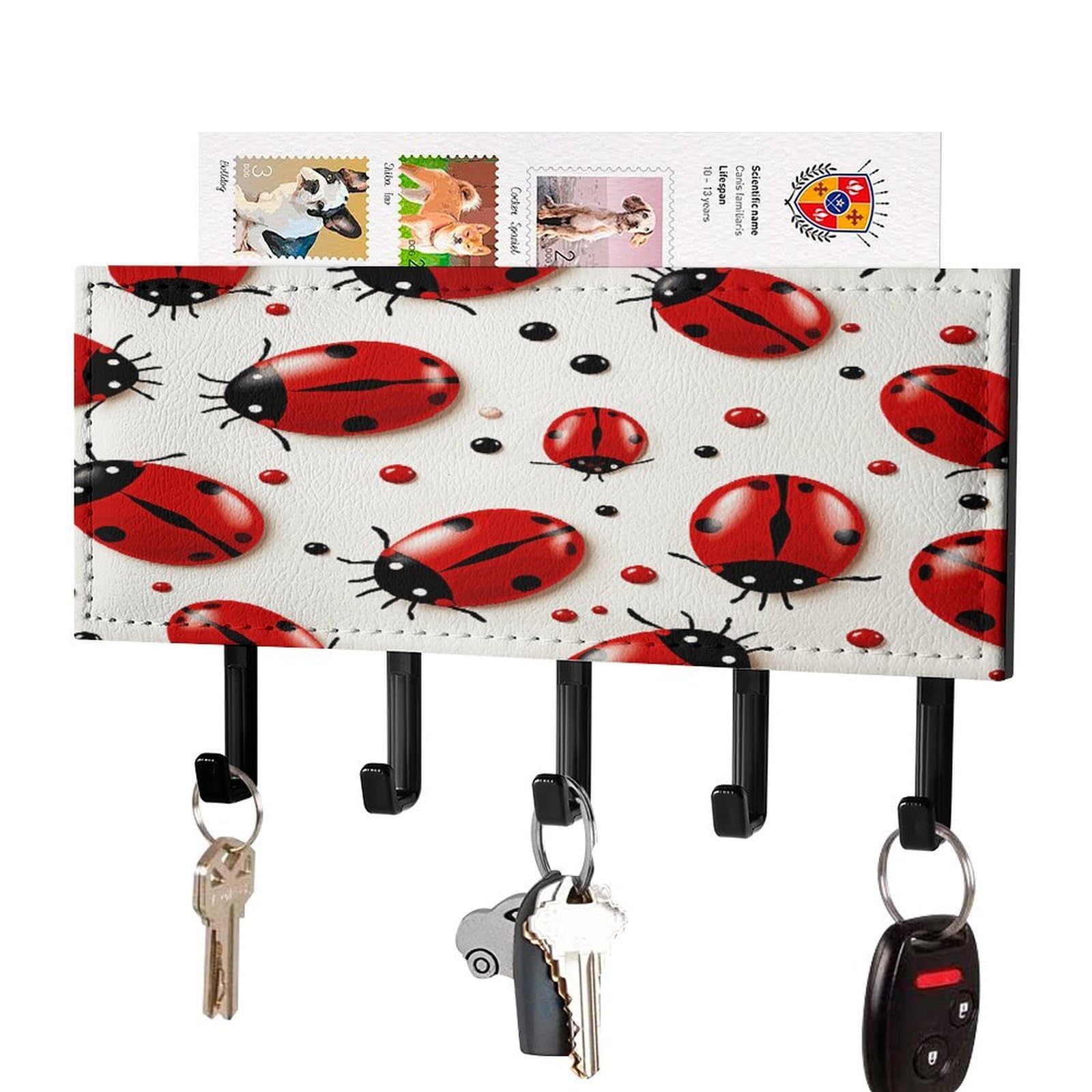 FekiLoot Red Ladybug Key Holder for Wall Decorative Mail Organizer with 5 Key Hook Self Adhesive Key Rack with Tray Coat Rack Wall Mount Key Hanger Decor for Entryway Door