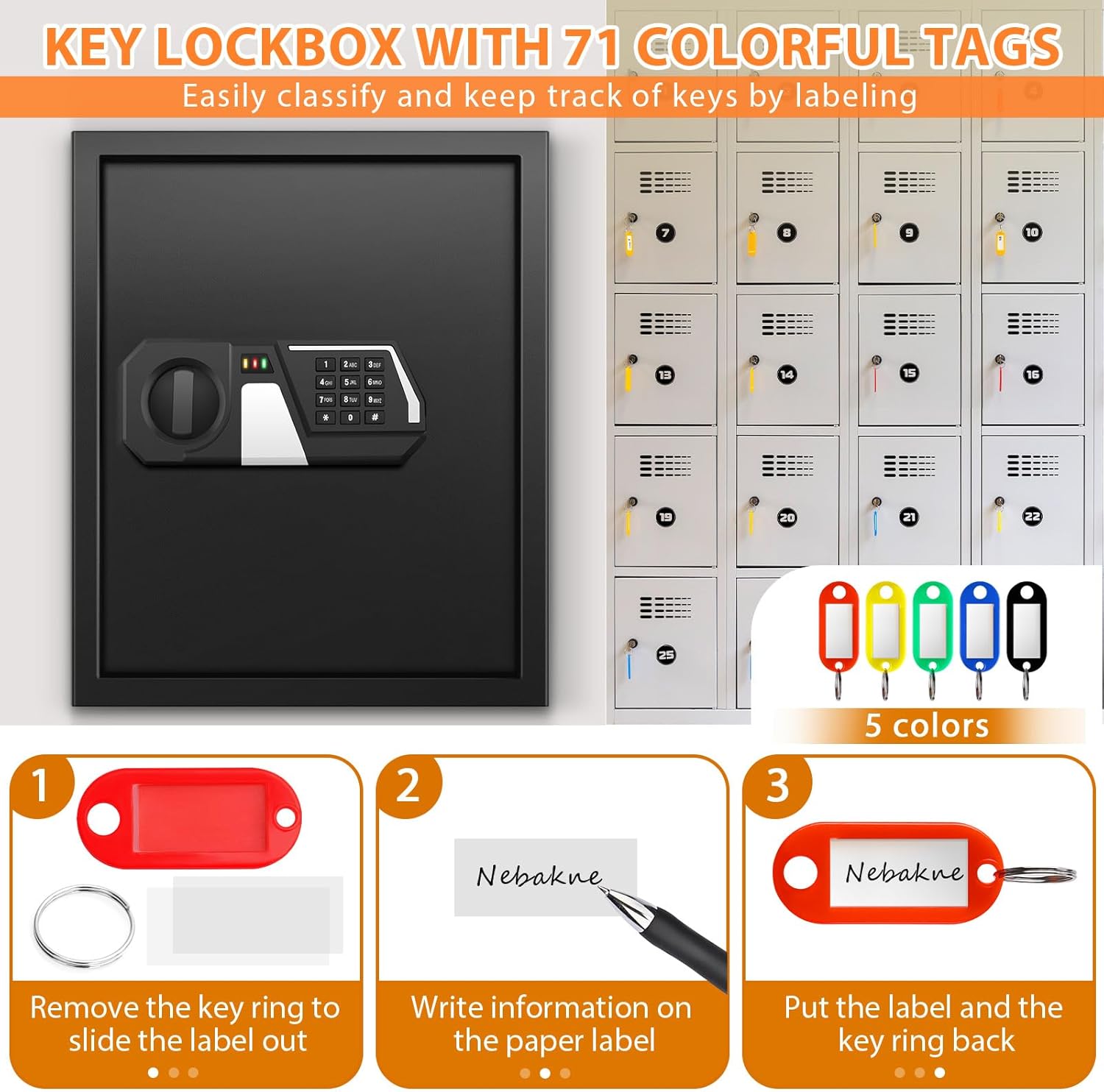 Instructions on how to label and attach keys to the color-coded key tags provided with the lock box.