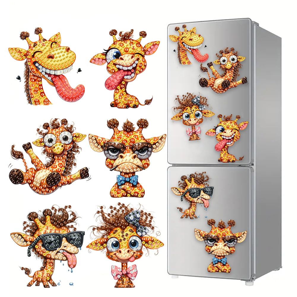 6PCS Giraffe DIY Diamond Painting Refrigerator Magnet Kit Mini Diamond Refrigerator Stickers Art Magnet Fridge Stickers Easy DIY Crafts for Beginner Ages 6-12 Decor Gift