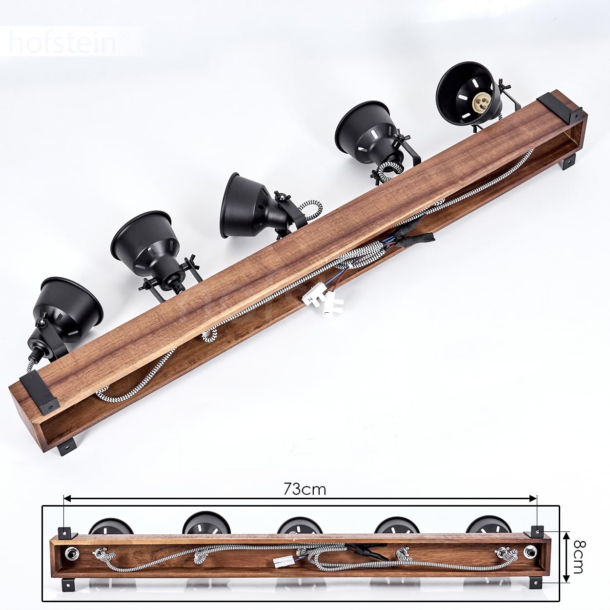 HOFSTEIN Deckenleuchte Safari, verstellbare Deckenlampe aus Metall/Holz in Schwarz/Natur, Leuchte im Industrial/Retro/Vintage-Design, Holzbalken, 5 x GU10, Wohnzimmer, Esszimmer, Schlafzimmer, Küche
