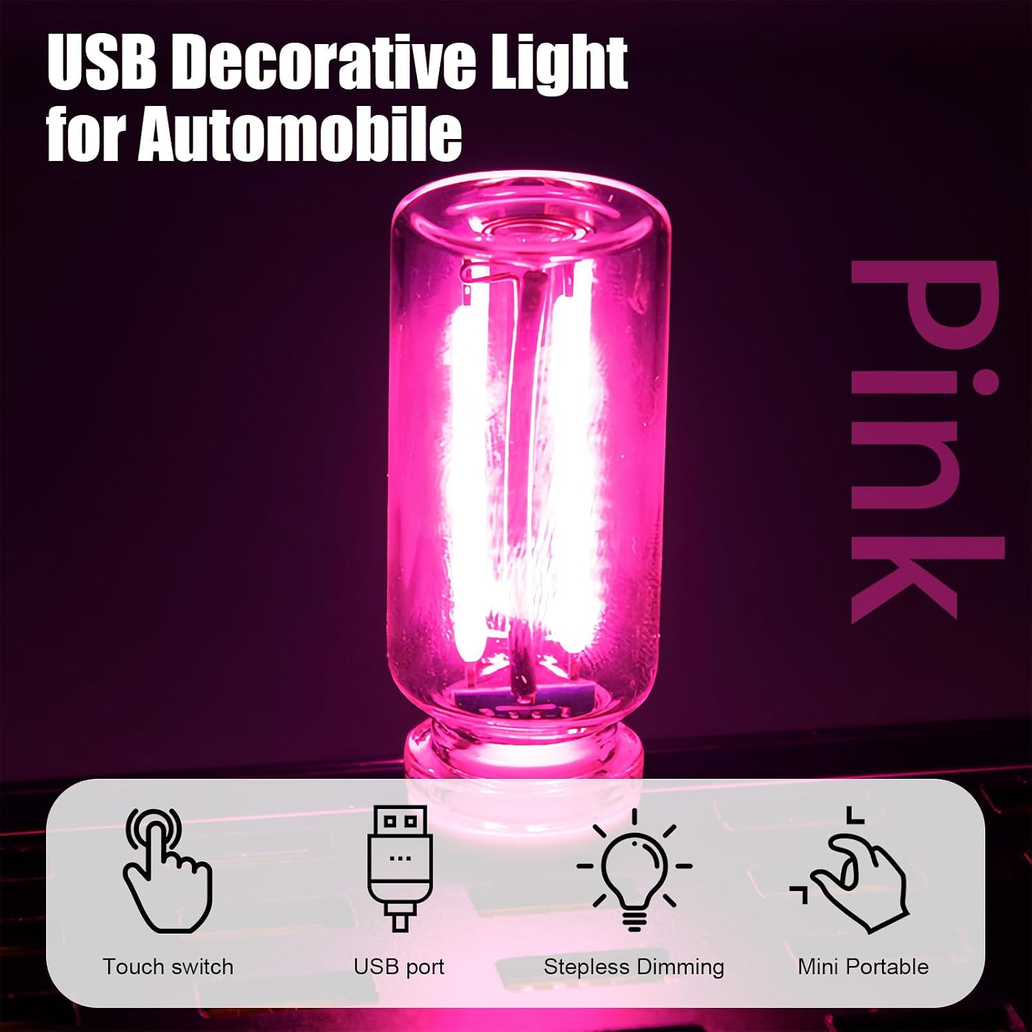 2PCS USB Night Light for Car, Automotive Car Led Lights Interior, Touch Control, 5V 1A/2A, USB Night Bulb for Automobile, Bedroom (Pink)