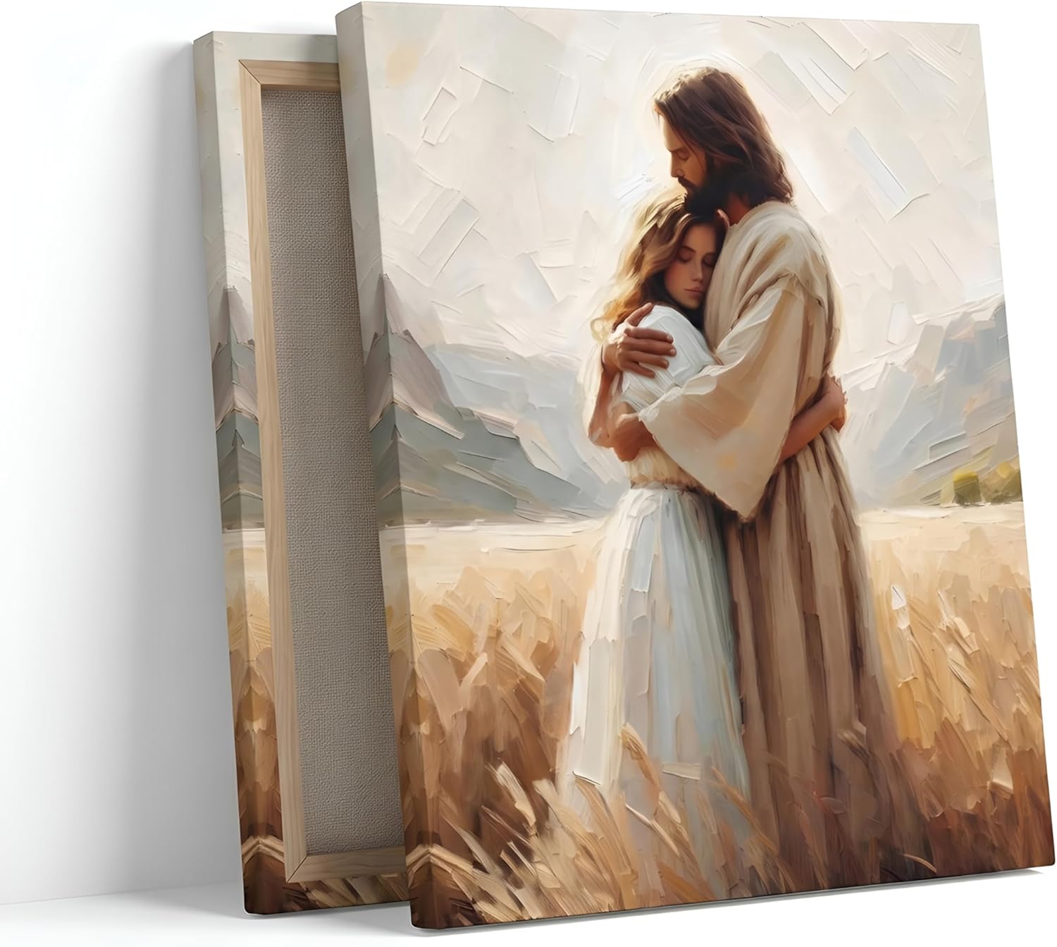 FTQYQLD Jesus Hugging Woman Wall Art - 16x24in Religious Canvas Print, Emotional Christ Embrace Oil Painting Style Artwork, Christian Home Decor for Living Room, Ready to Hang Spiritual Wall Decor