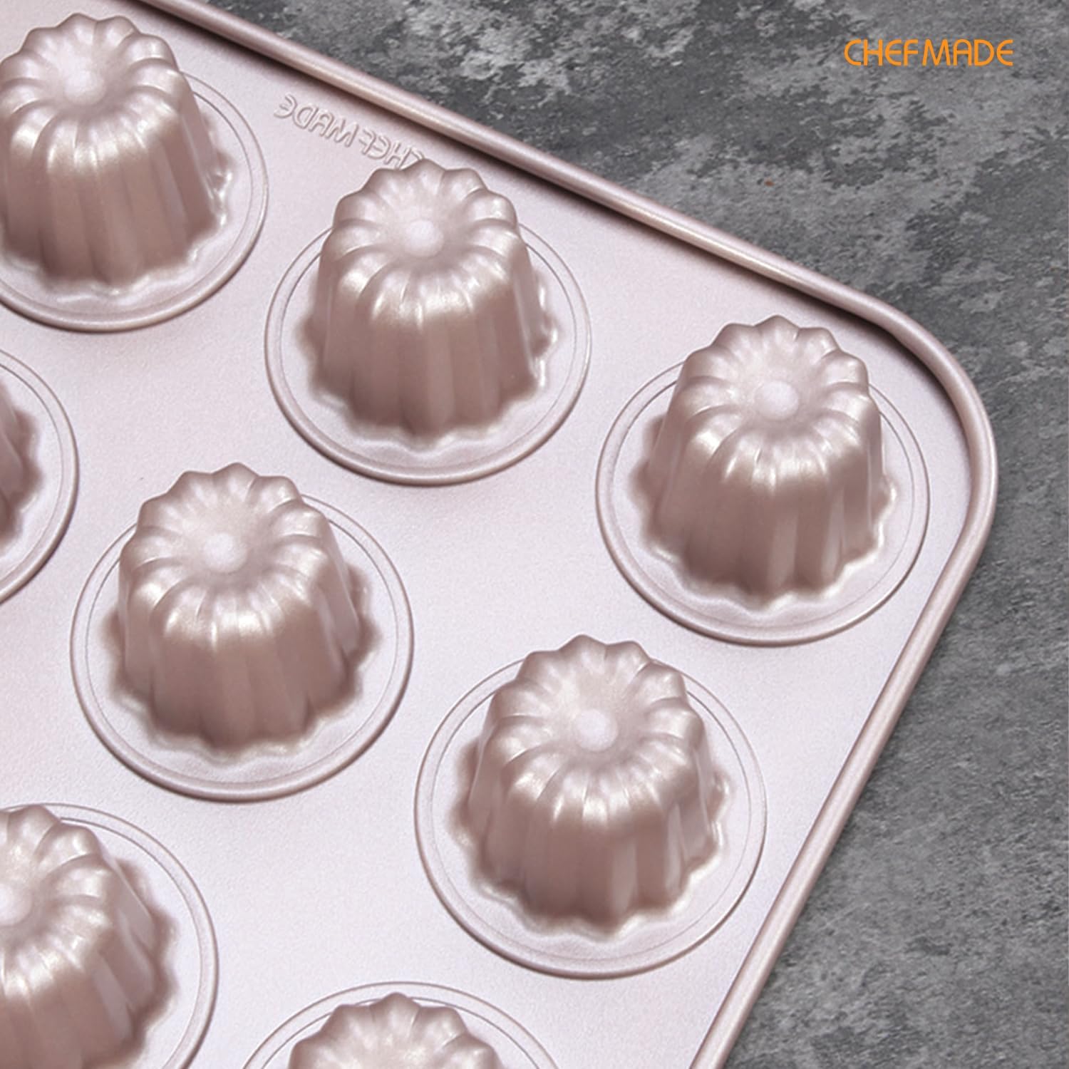 CHEFMADE Mini Canele Mold Cake Pan, 20-Cavity Non-Stick Mini Canele Muffin Bakeware Cupcake Pan for Oven Baking (Champagne Gold)