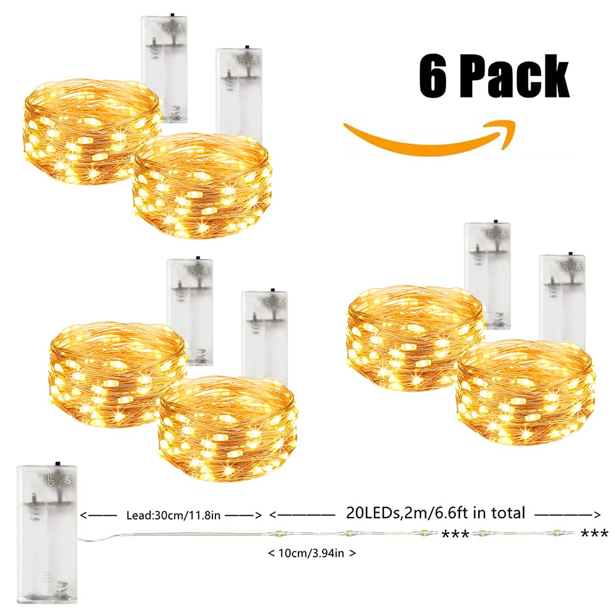 LIGHTOP Lichterkette für den Innenbereich, 6 Stück, 20 LEDs, Kupferdraht, batteriebetrieben, Mikro-Lichterkette für Weihnachtsbaum, Schlafzimmer, Hochzeit, Geburtstag, Party, DIY-Dekoration (warmweiß)