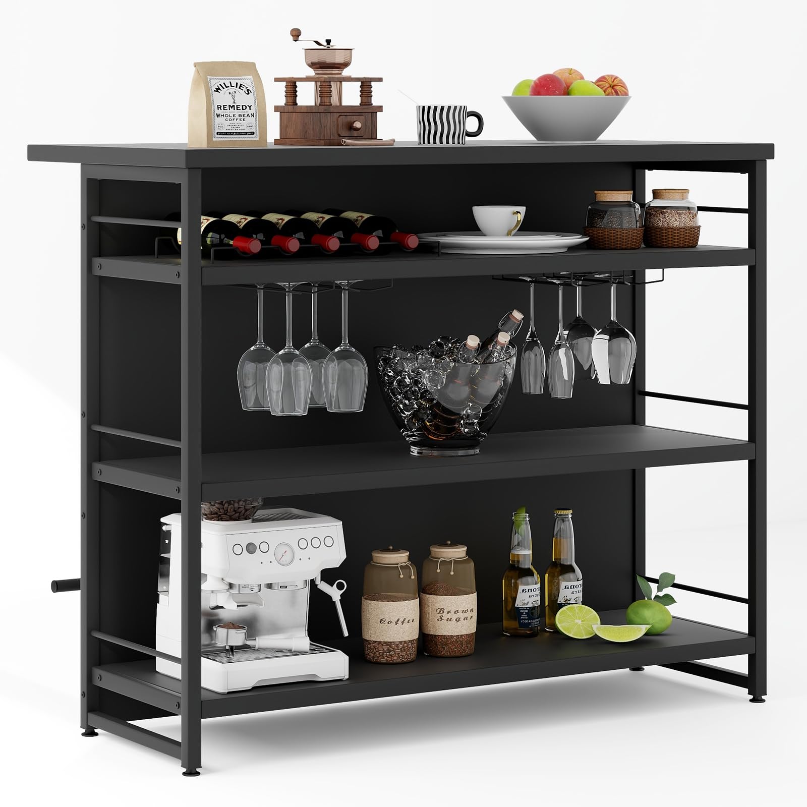 COSTWAY Hausbar Schrank, Barschrank mit 4 Ablagen, 120x60x101cm (Schwarz)