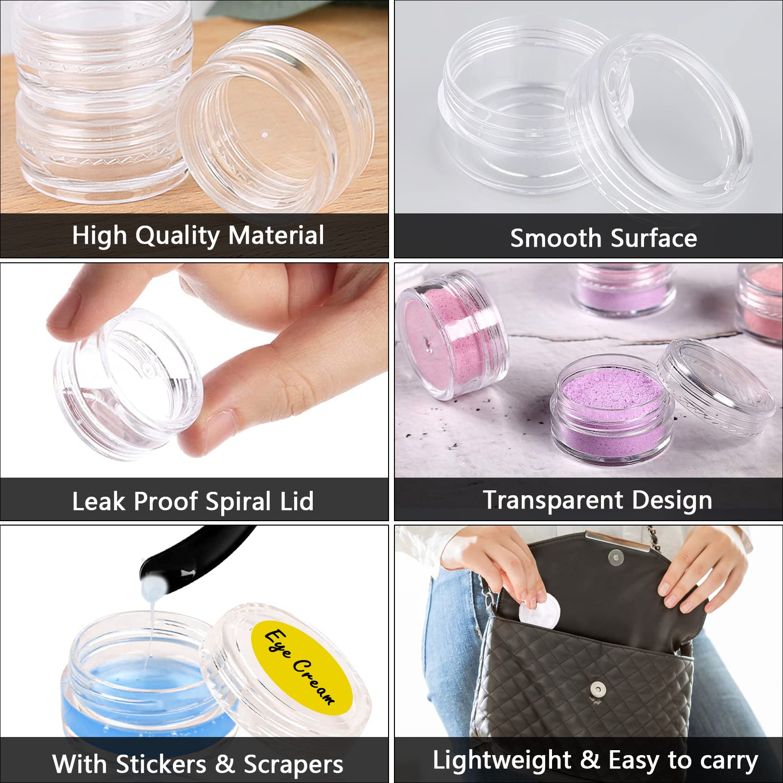 Lot De 100 Boîtes à Échantillons 5g - Petits Pots Transparents Avec Couvercle Noir - Réutilisables Pour Maquillage Et Cosmétiques