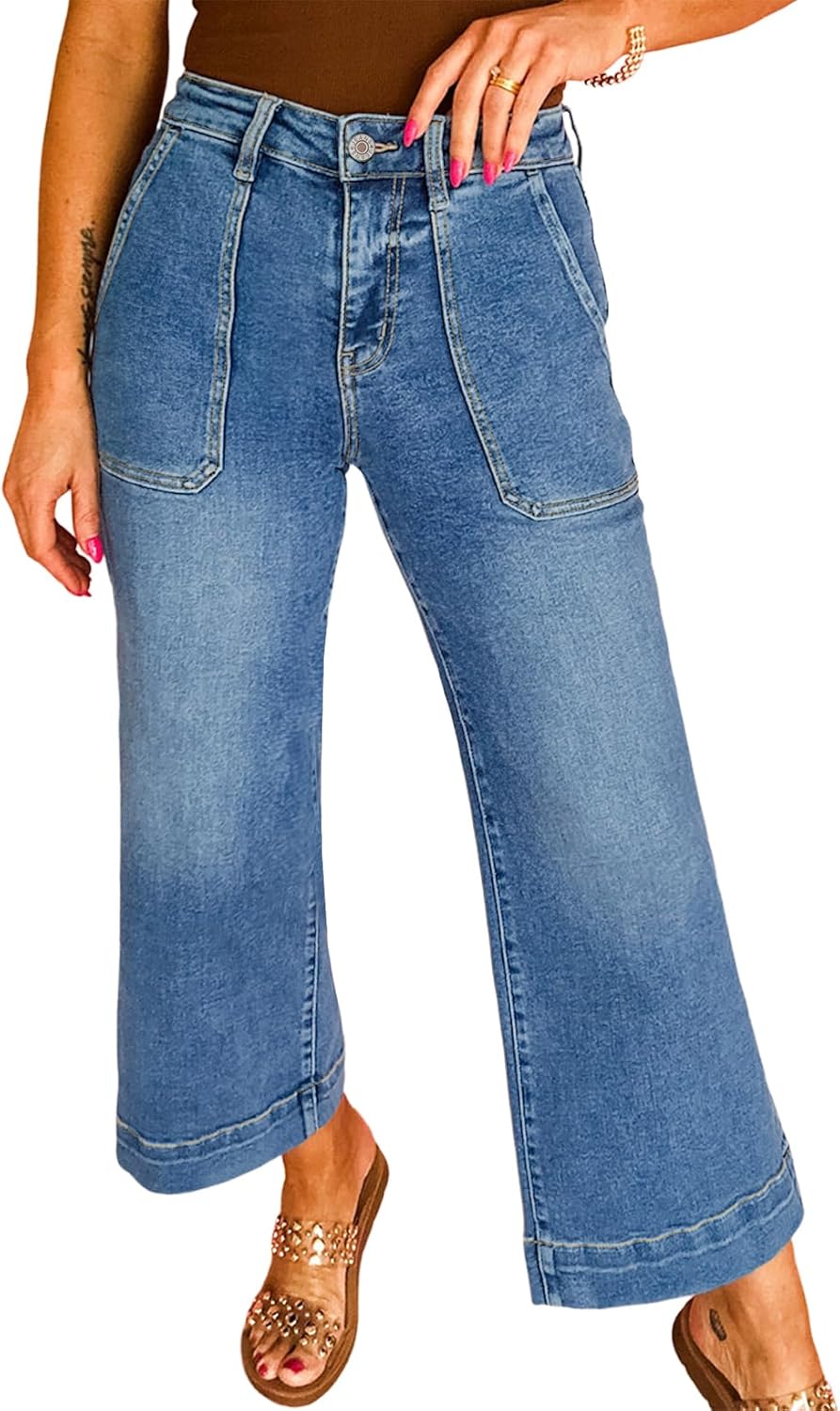 Astylish Women's 2026 Stretchy Wide Leg High Waisted Jeans Tummy Control Casual Cropped Ankle Denim Pants