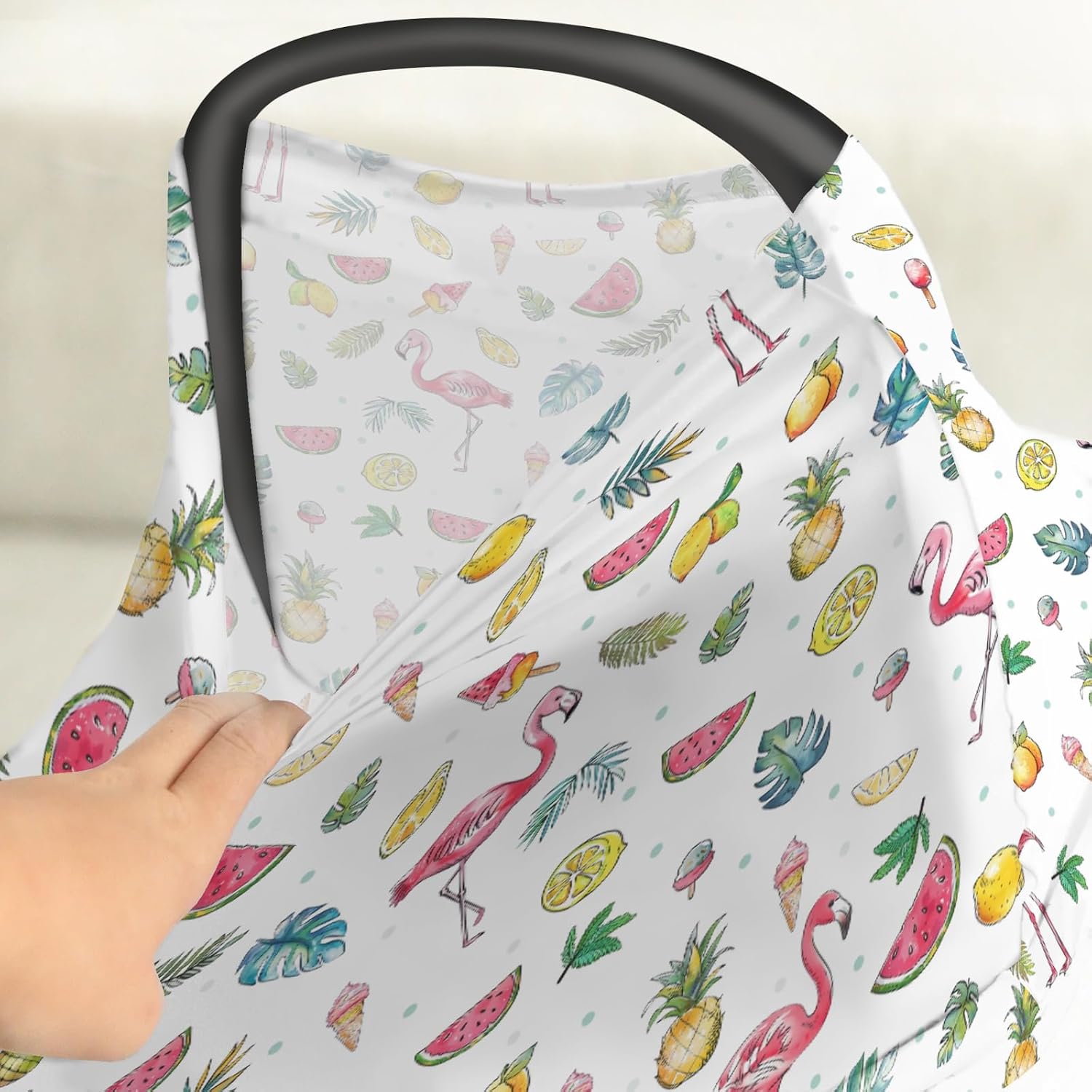 Pink Flamingo Tropical Flowers Leaves Car Seat Cover for Babies Summer Birds Fruits Stretchy 5-in-1 Cover Adjustable Car Canopy Cover Boho Beach Vacation Breathable Nursing Cover-Up
