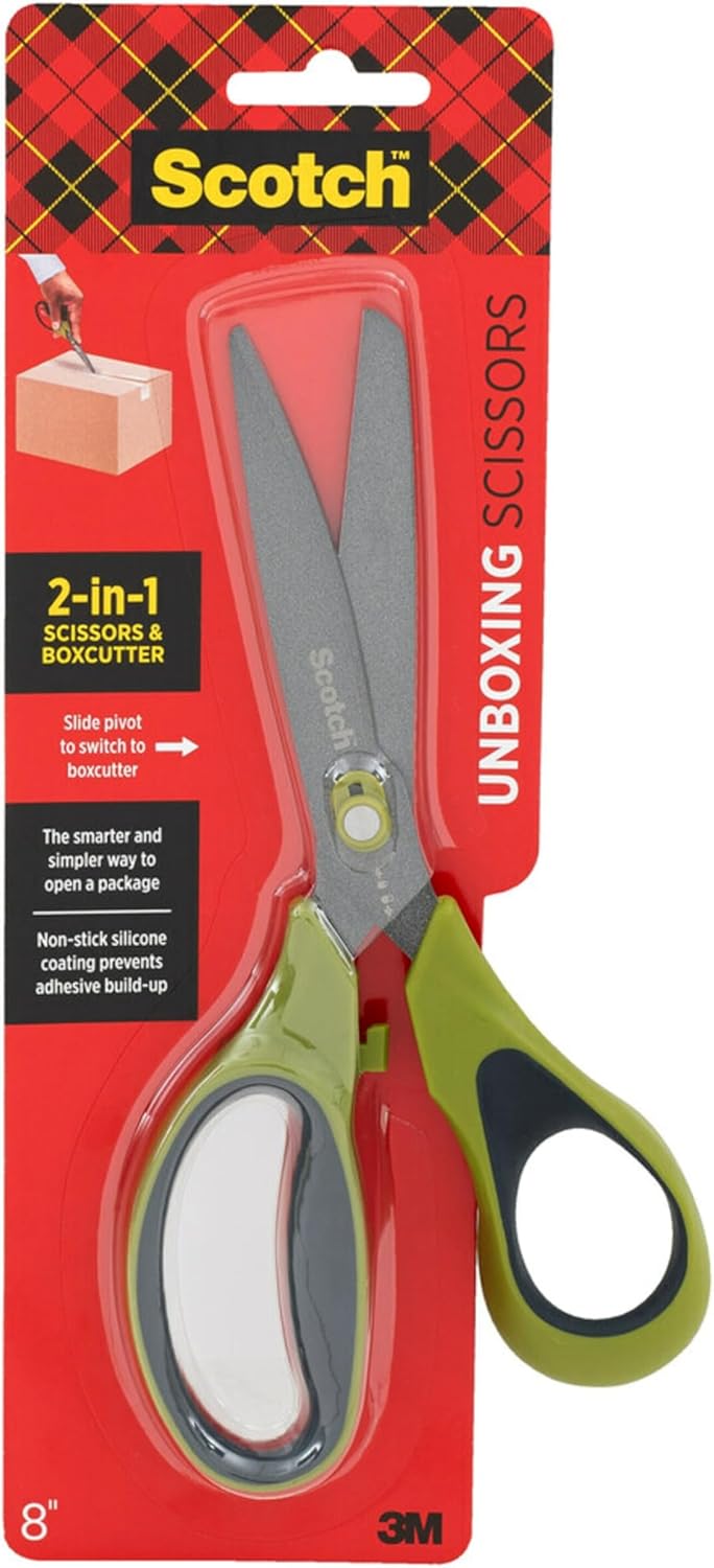 Scotch Non-Stick Unboxing Scissors, Dual-Function Scissors and Boxcutter, 8-inch