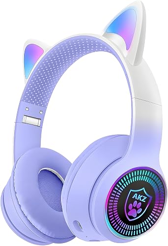 VIGROS Cat Ear Gaming Bluetooth 5.3 Wireless Foldable Headphones with LED Light, Stereo Game Surround Sound Over-Ear Headsets with Microphone AUX for PC, Pad, Mobile, Laptop, Game, Kids, Gift - Purple