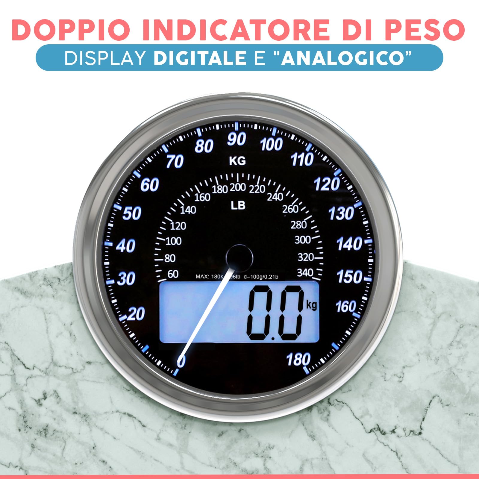 Hybrid Bilancia Pesapersone - Analogica & Digitale, Precisa fino a 180 kg | Leggete il peso su quadrante analogico e LCD insieme. Piattaforma larga, 3 batterie AAA incluse, pronta all'uso.
