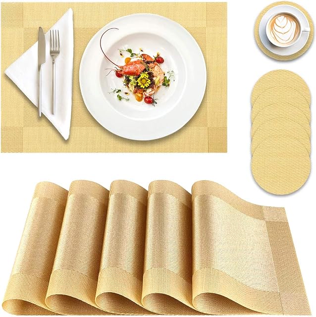 Panngu Place Mats, Simple Table Place Mats and Coasters Sets of 6 - Premium Heat Resistant Washable Tableware Square Dining Table Mats (18"X12" Gold)