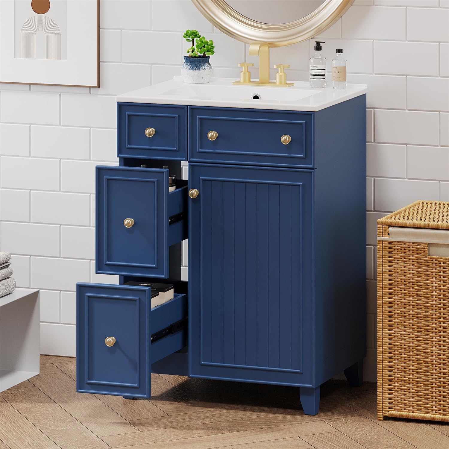 Linique 24-inch blue bathroom vanity with drawers and door open, showing interior storage
