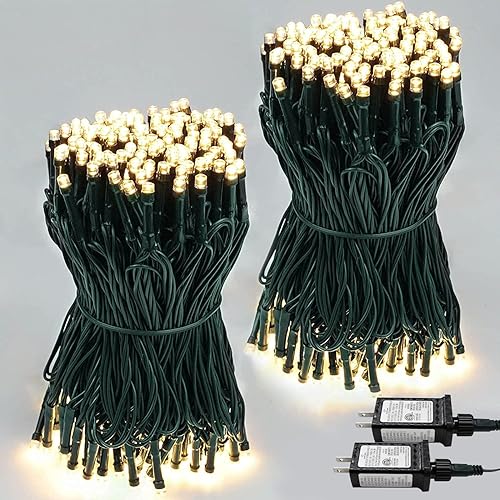 2-Pack 66FT 200 LED Christmas Lights, 13 Modes Extendable Christmas Tree Lights with Timer & Memory, Waterproof Twinkle Fairy Lights Green Wire Outdoor String Lights Indoor for Xmas Tree (Warm White)