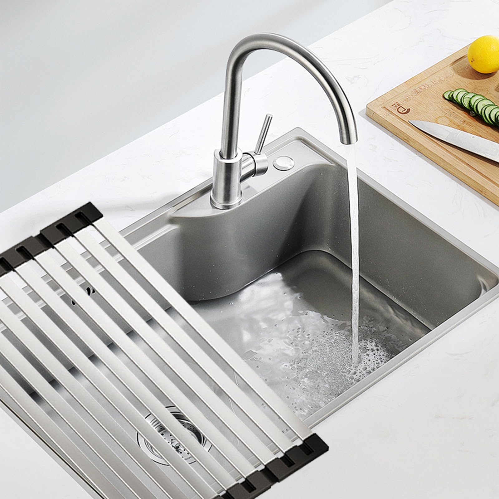Scolapiatti in acciaio inox per la cucina sopra il lavello, scolapiatti arrotolabili, scolapiatti pieghevole, scolapiatti multiuso (50 x 32,5 cm)