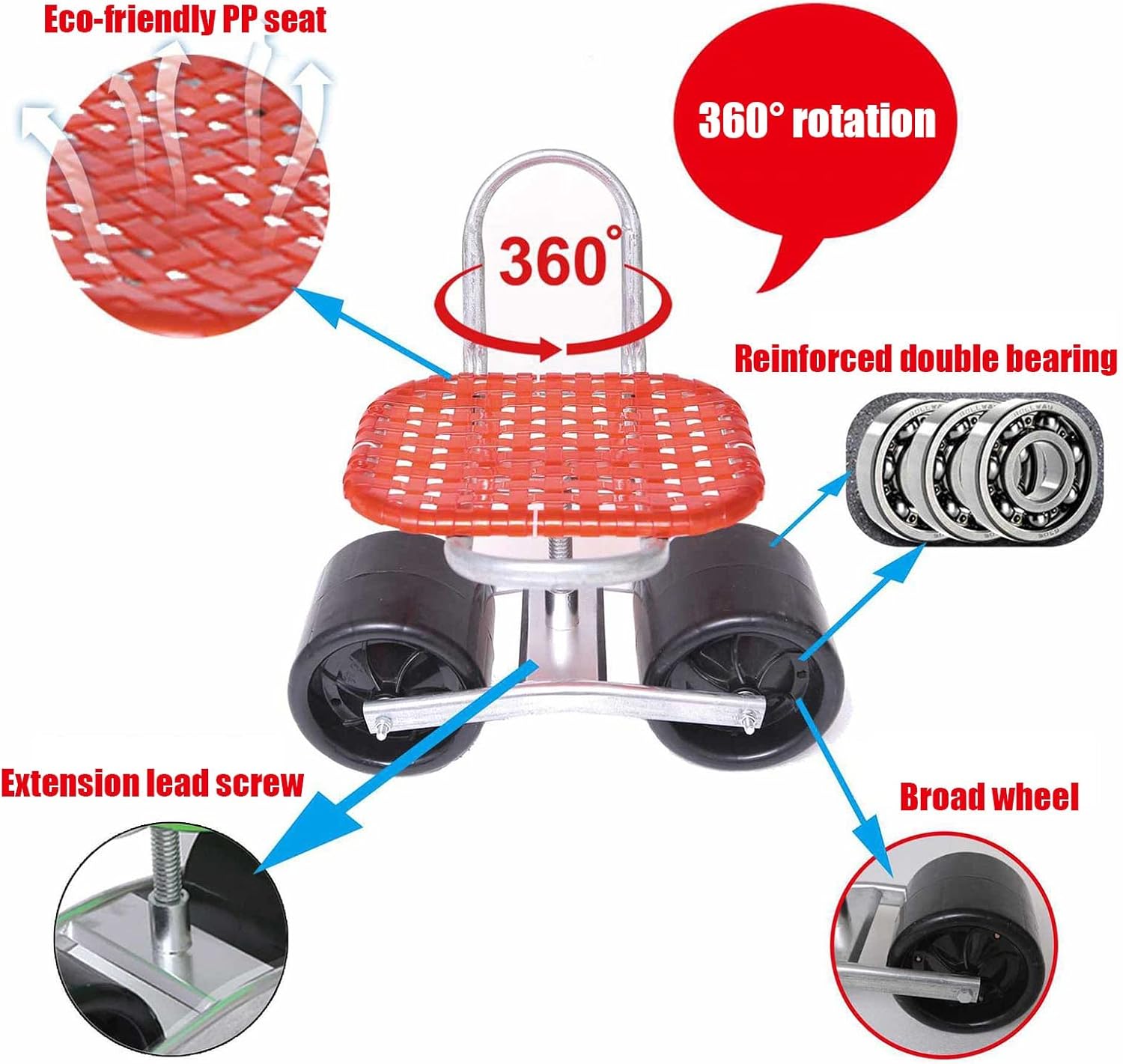 Gardening Bench Seat with Wheels, Foldable Garden Cart Stool Rolling Work Seat Outdoor Steerable Stool for Patio Lawn Yard(Red,Two Wheels)