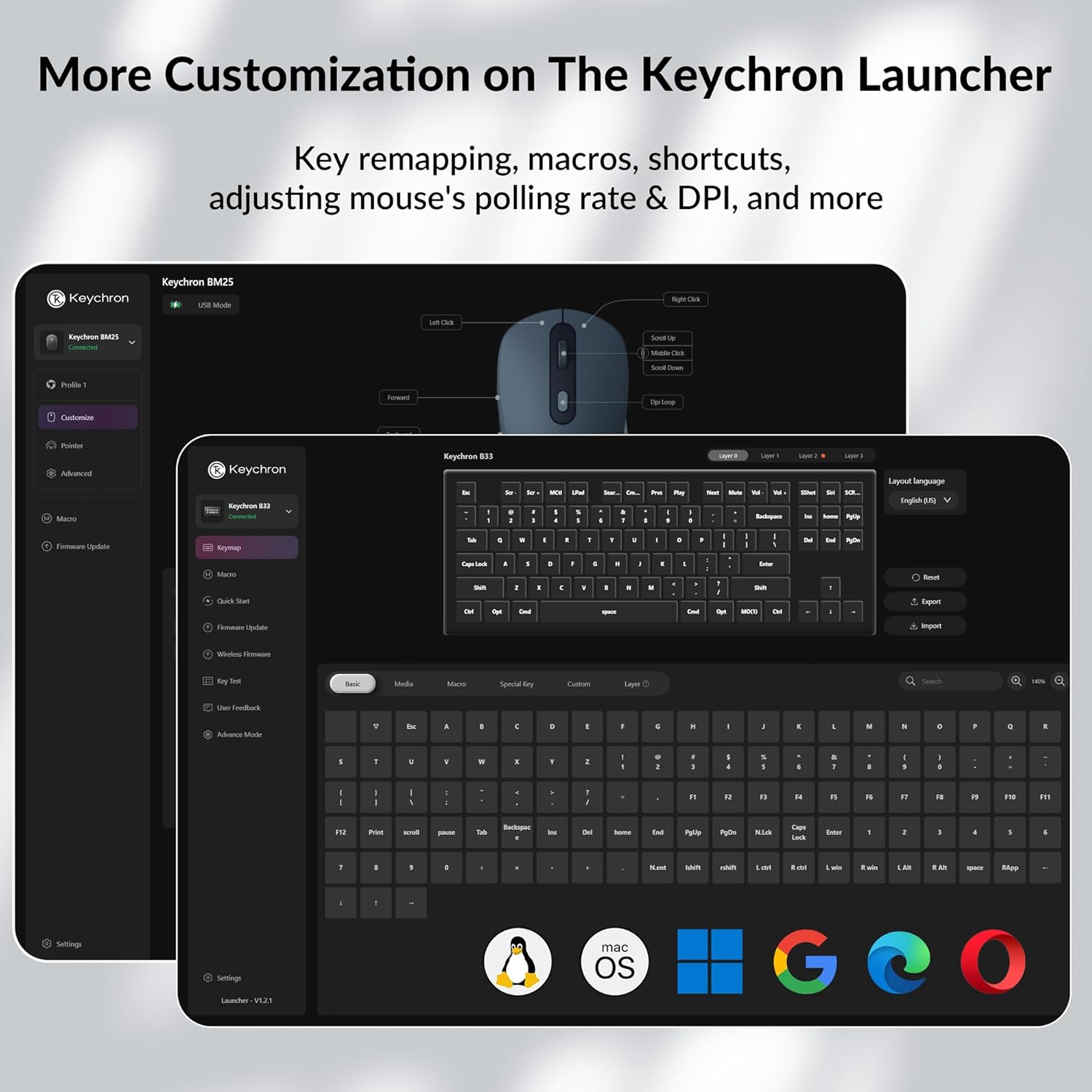 Keychron B33 Wireless Keyboard & BM25 Mouse Combo, 2.4 GHz/Bluetooth 5.2/Wired, 80% TKL Silent Portable Ergonomic Keyboard Adjustable DPI Mouse, Unifying Receiver for macOS Windows Linux