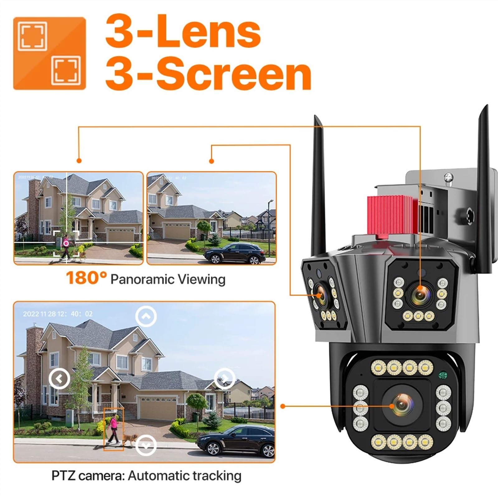 Cámara IP 5K 12MP HD cámara PTZ de Tres Lentes for Exteriores 2K Seguridad con detección Movimiento Doble Lente vigilancia Impermeable Detección de Movimiento(2K Camera)
