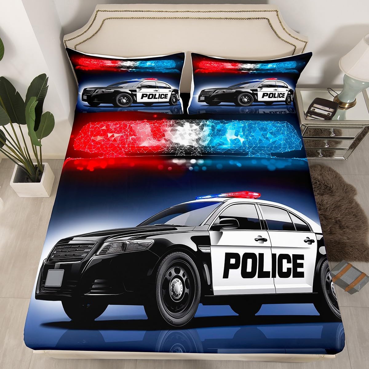 Erosebridal Police Car Fitted Sheet Twin Size,Policeman Vehicle car Bedding Sets for Kids Boys Children,Red Blue Cop Lights Bed Sheets Geometric Graphics 2 Piece Bedding Decor Set (No Top Sheet)