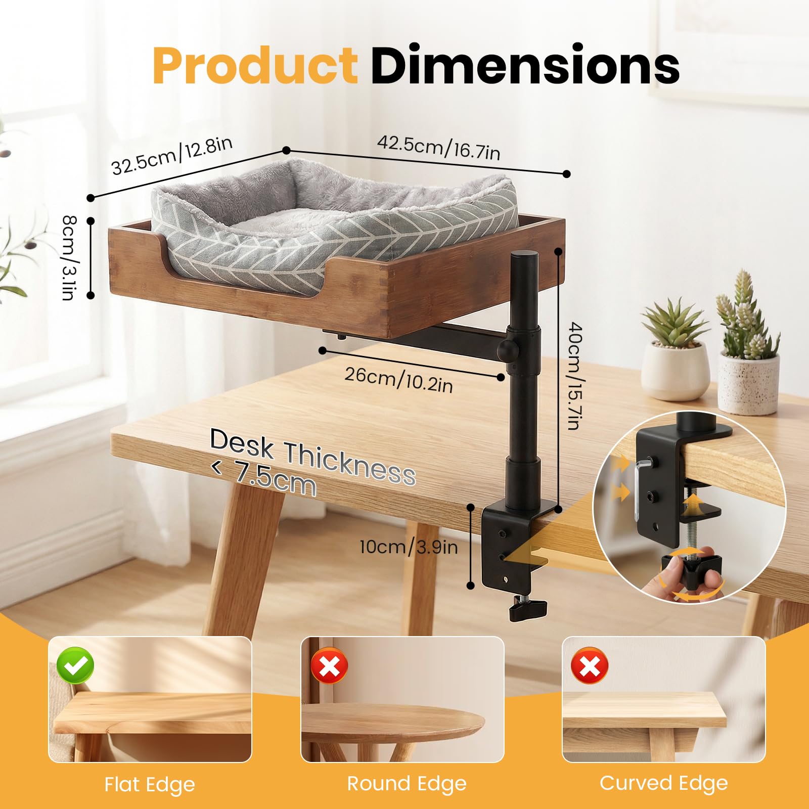Scrivania-letto per gatti con elegante base in bambù e morbida imbottitura. Morsetto stabile e robusto per regolare l'altezza e rotazione a 360°. Portata massima: fino a 15 kg (Tappetino grigio)