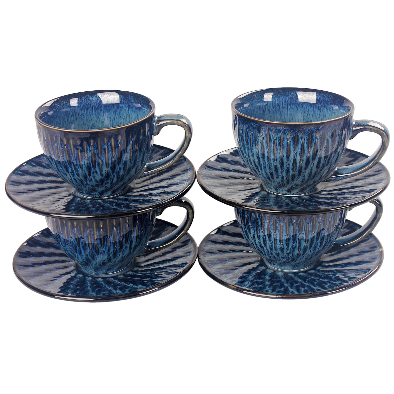 Set di tazze da caffè in ceramica con piattino, 8 pezzi, impilabili, per latte, tè caldo, cappuccino, moka, cacao, lavabili in lavastoviglie e forno a microonde, blu reale