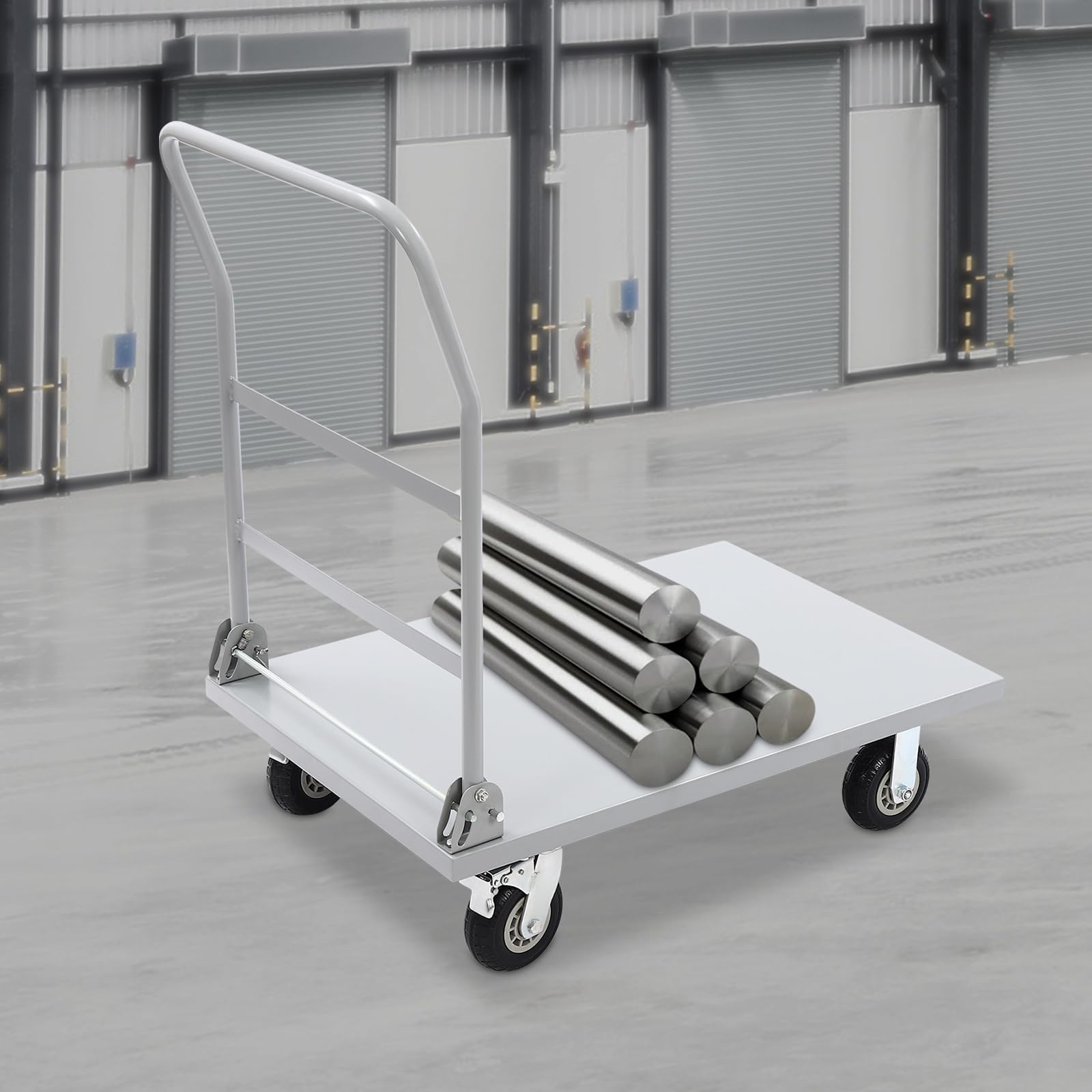 Industrial Flat Dolly Cart, Heavy Duty Platform Truck with 2000 lbs Load Capacity, 4 Silent Rubber Casters with Brakes, Foldable Handle, Easy Assembly, Flexible Movement for Warehouse, and Home Use