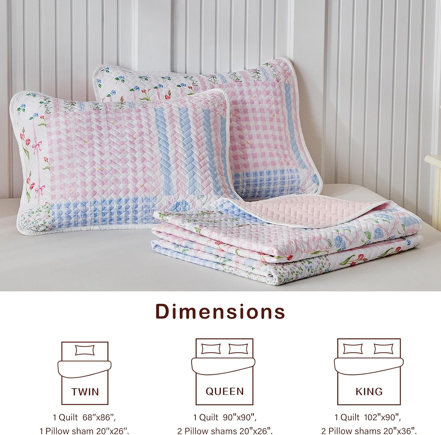 Joyreap 3pcs Floral Quilt Set Queen, Blue Pink Plaid Flowers Patchwork Design, Lightweight Cozy Microfiber Bedspread Coverlet for All Season- 90x90 inches