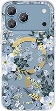 SCORPIFY for iPhone 17 Pro Case [Compatible with MagSafe] with Blue Nemophila Floral Design, Cute Clear Flower Magnetic Phone Cover for Women Girls,[Non Yellowing] Slim Bumper with Gold Accents