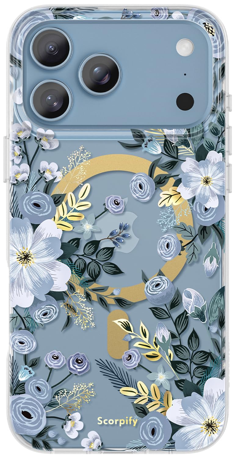 SCORPIFY for iPhone 17 Pro Case [Compatible with MagSafe] with Blue Nemophila Floral Design, Cute Clear Flower Magnetic Phone Cover for Women Girls,[Non Yellowing] Slim Bumper with Gold Accents