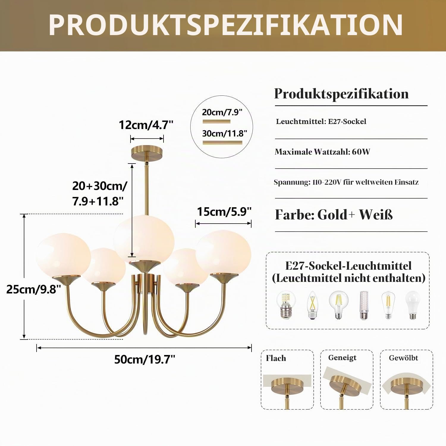 KCO Lighting Sputnik-Kronleuchter in Gold mit weißen Glaskugeln, 5 Leuchten E27 Vintage-Deckenleuchte, Moderne verstellbare Pendelleuchte für Schlafzimmer, Wohnzimmer und Küche