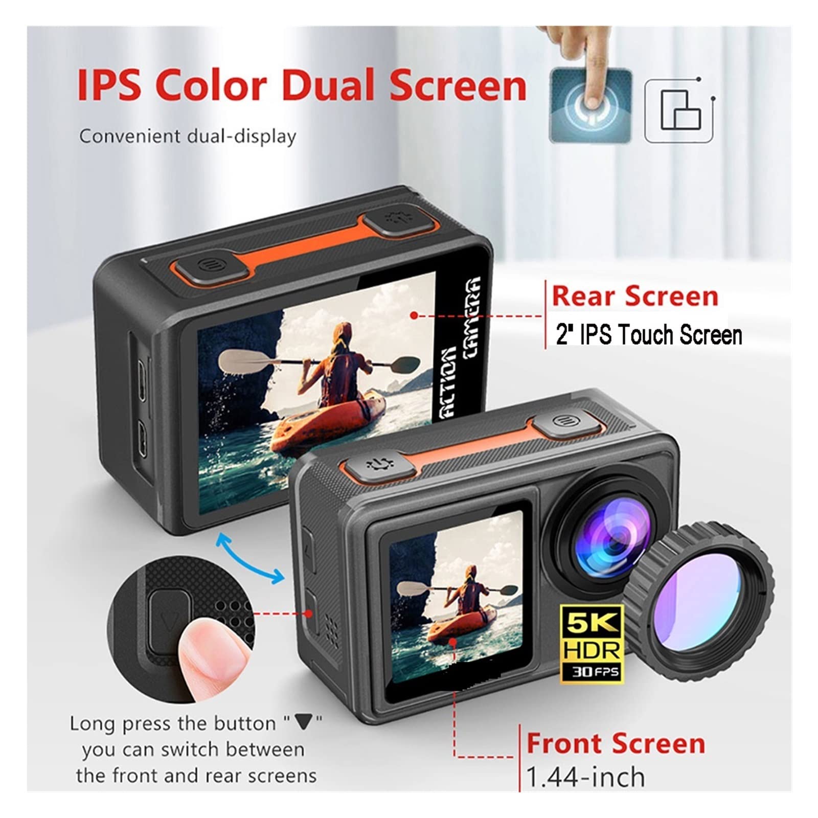 Action Cam, Action Camera Filtro rimovibile 6 Lens 5K 30FPS 4K 60FPS 48MP Dual Screen 2quot; Riprese video IPS EIS Diventa impermeabile Sports Cam Pro ,All'aperto, Sport, Video(Standard,5K Camera Only