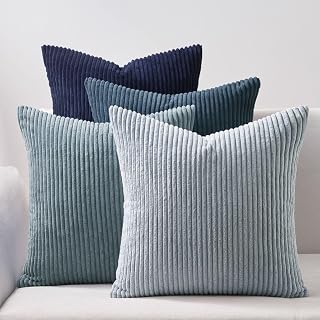 Topfinel クッションカバー 45×45cm 4枚セット コーデュロイ グラデーション おしゃれ 北欧 洗える ふわふわ 隠れるファスナー ストライプ ソファー用背当て 装飾枕カバー ブルー