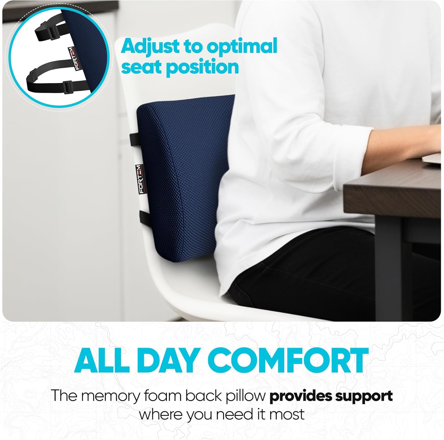 FORTEM Lumbar Support Pillow for Office Chair, Lumbar Support Pillow for Car, Back Rest for Gaming, Memory Foam Pillow, Desk Chair Cushion, Breathable & Washable Cover, Adjustable Straps - Image 3