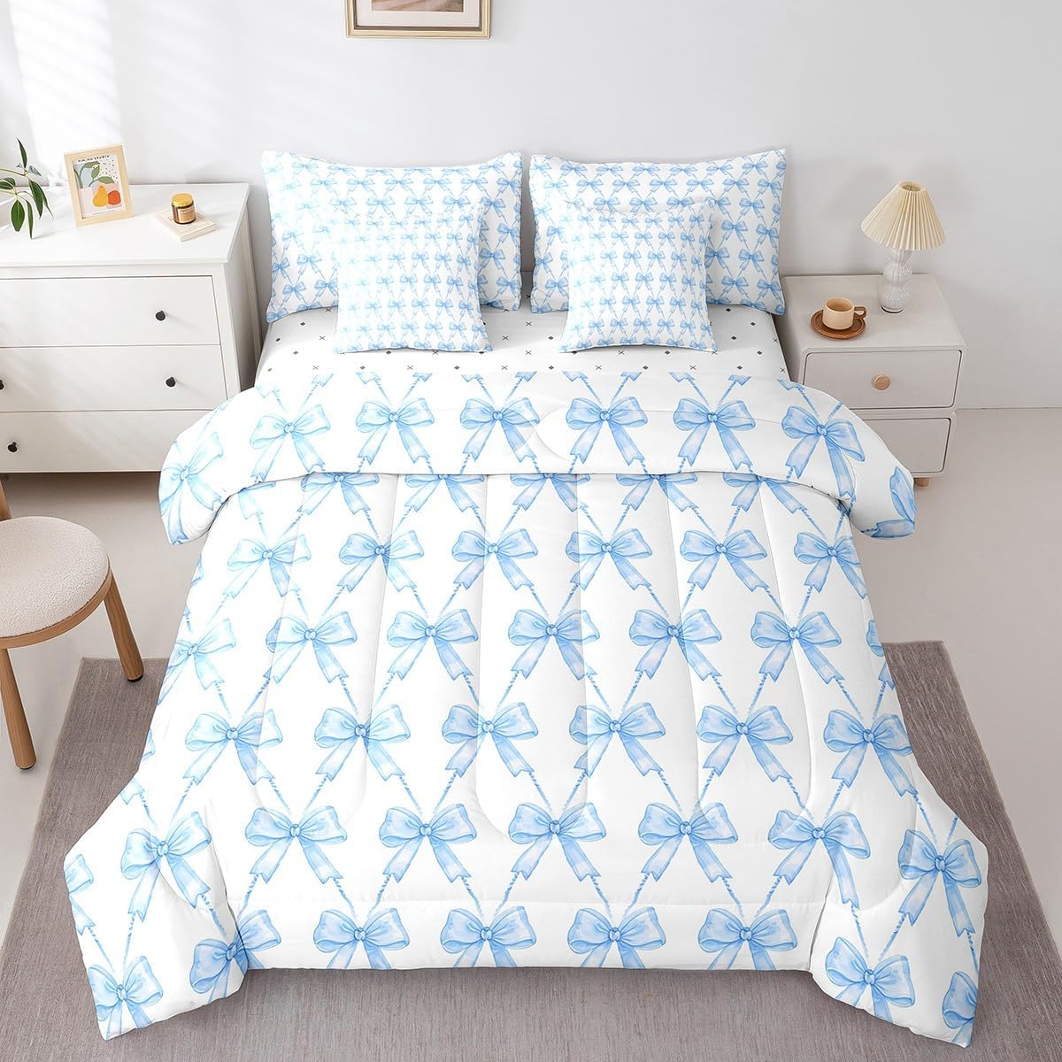 Feelyou Blue Bow 7 Piece Bedding Set Full Size Cute Bowknot Twin Comforter Set with Sheets Boys Girls Kawaii Bed in a Bag Breathable Soft Lightweight Microfiber - Image 3