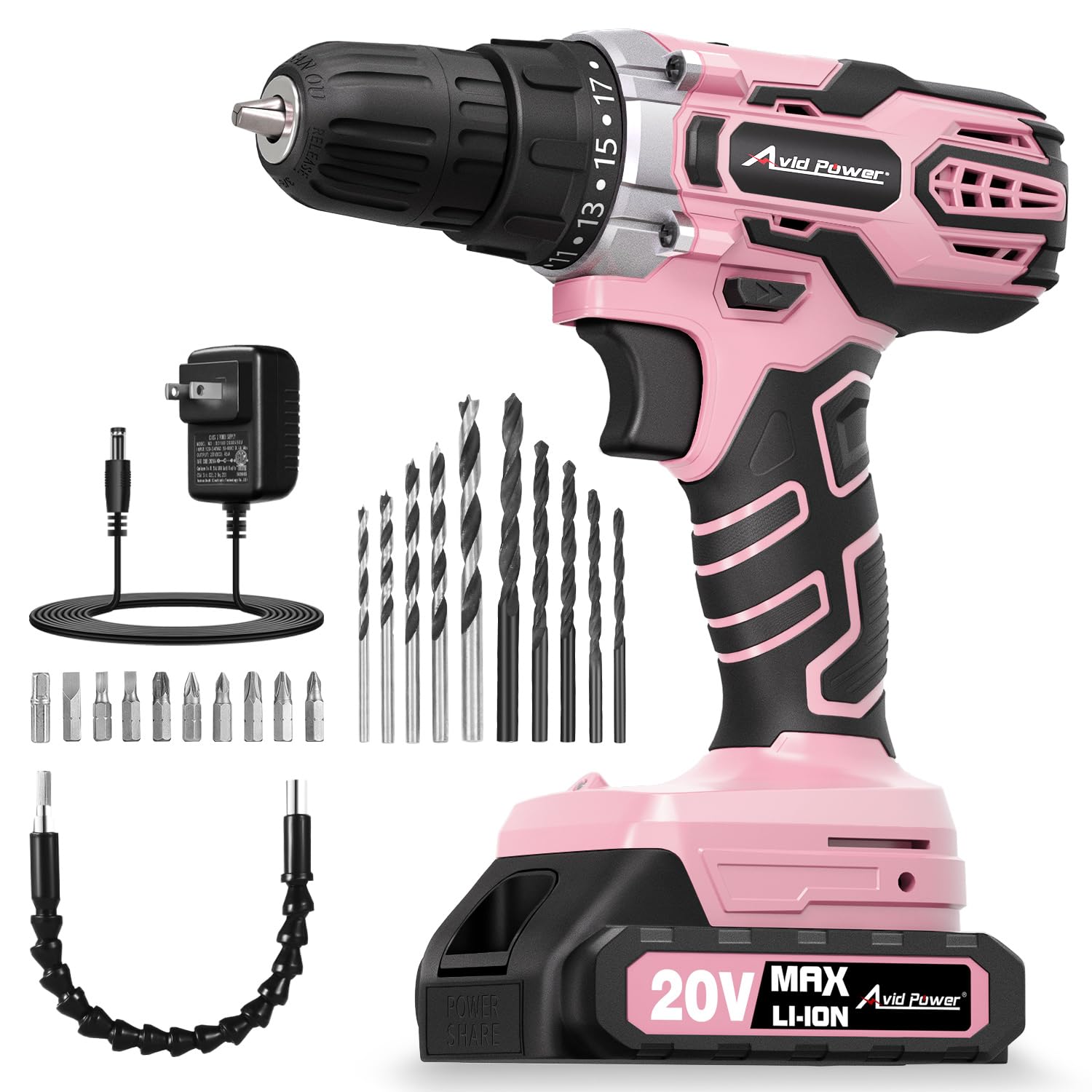 AVID POWER 20V Cordless Drill Set for Women Pink