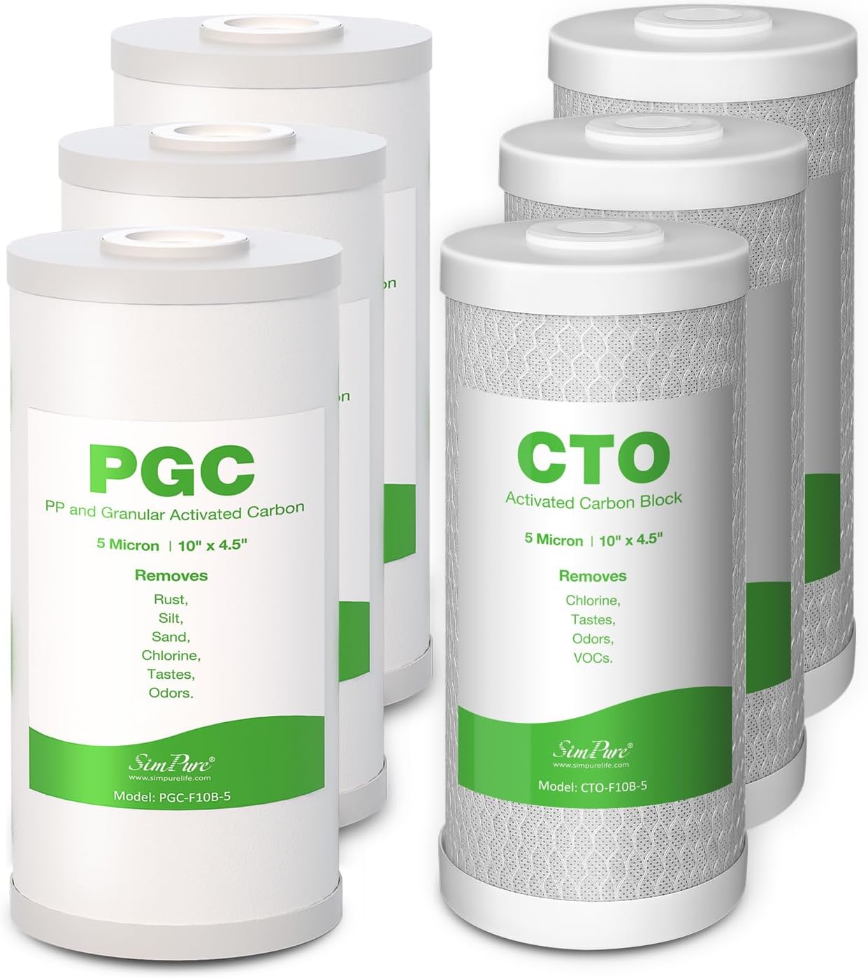 SimPure 5 MIcron 10" x 4.5" PGC Sediment Carbon Filters and CTO Carbon Block Filters
