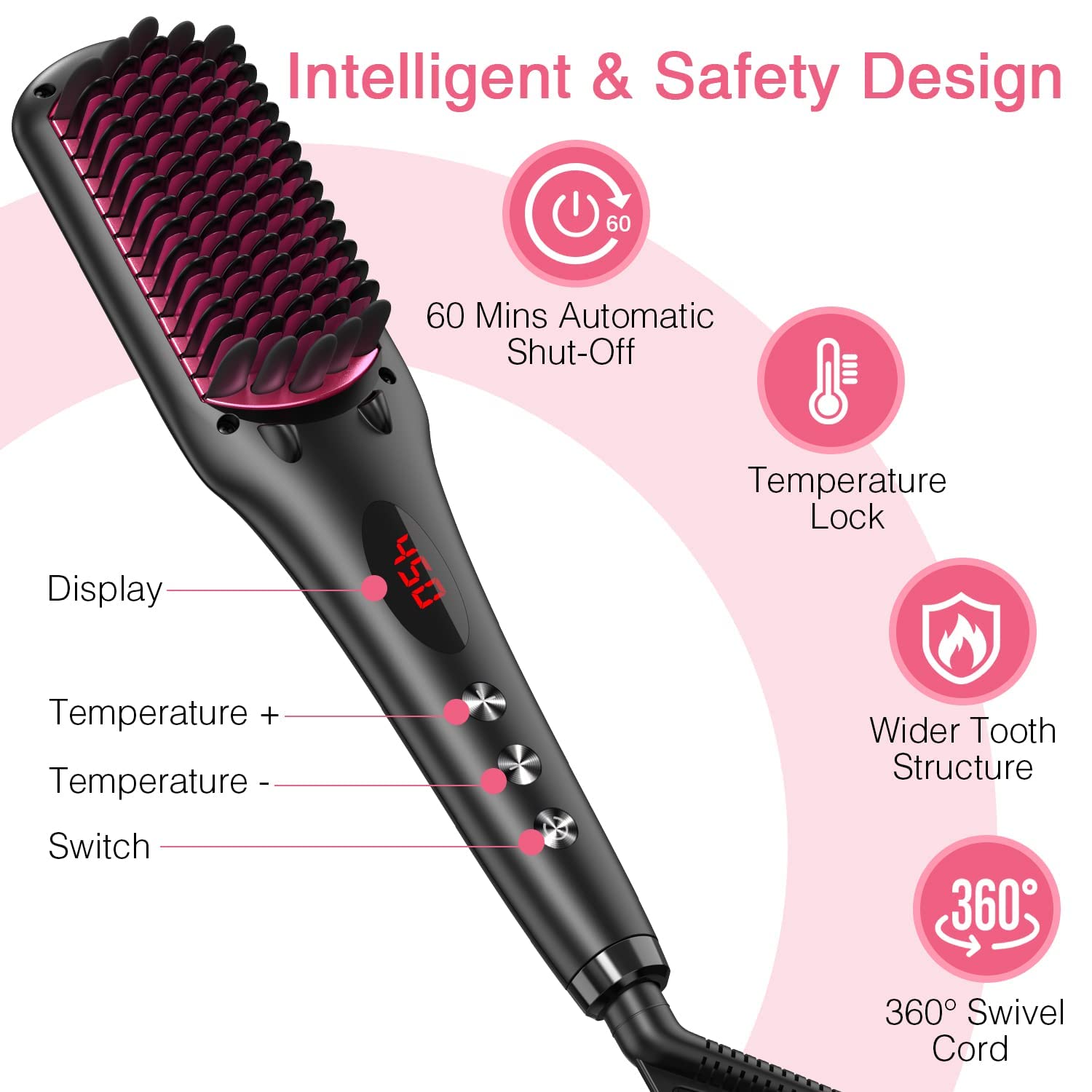 Hair Straightener Brush by MiroPure, 2-in-1 Ionic Straightening Brush with Anti-Scald Feature - Image 2
