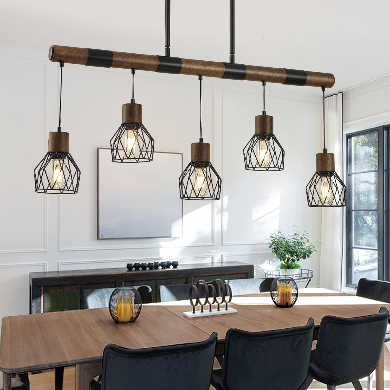 5-Light Dining Room Light Fixture, Farmhouse Linear Chandeliers for Dining Room, Kitchen Chandeliers Over Table, Black Chandelier Rustic Wood Pendant Lights Kitchen Island, with Metal Lampshade