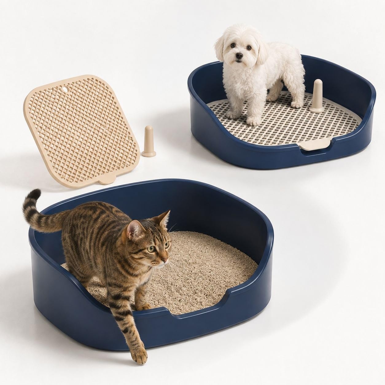 Katzentoilette für Hunde, Katzen, 48 x 37 x 13 cm, Toilette für Hunde und Katzen, mit erhöhtem Gitter und Trainingspick, einfache Reinigung, Anti-Pipi, hohe Wände, gegen Urinspritzen