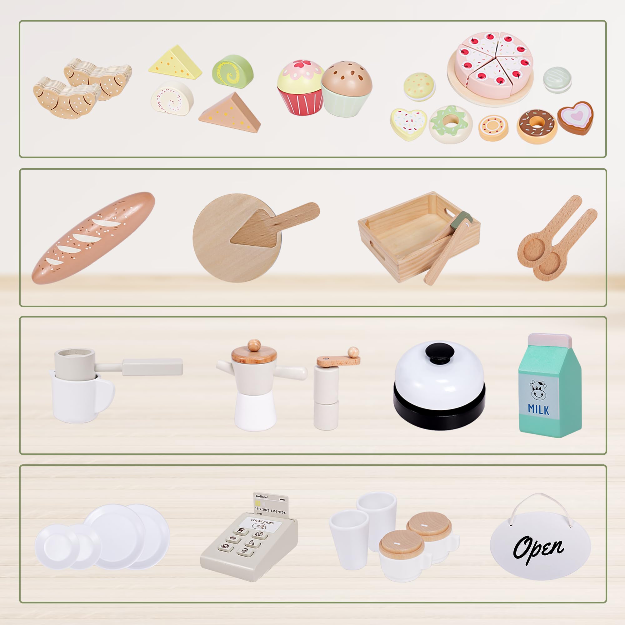 Wooden Coffee Shop Play Set, Pretend Grocery Store, Realistic Bakery Shop Sessert Stand with Toy Foods 37 PCS, Gift for Kids 3 4 5 6 Yead Old