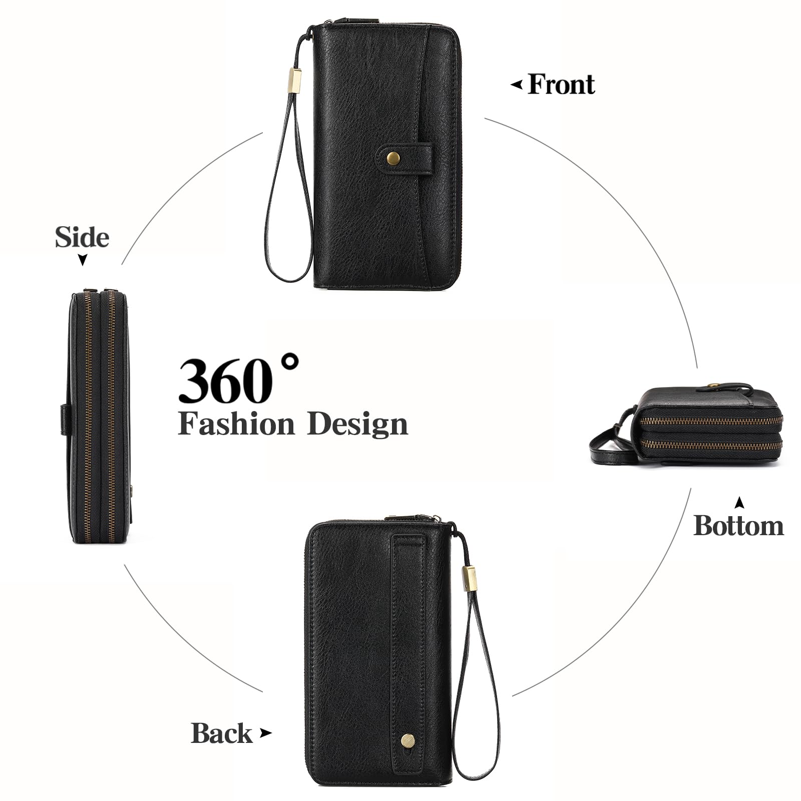 GAEKEAO Portafoglio da donna grande capacità doppia cerniera porta carte da donna porta telefono blocco RFID in pelle pochette cinturino impugnatura