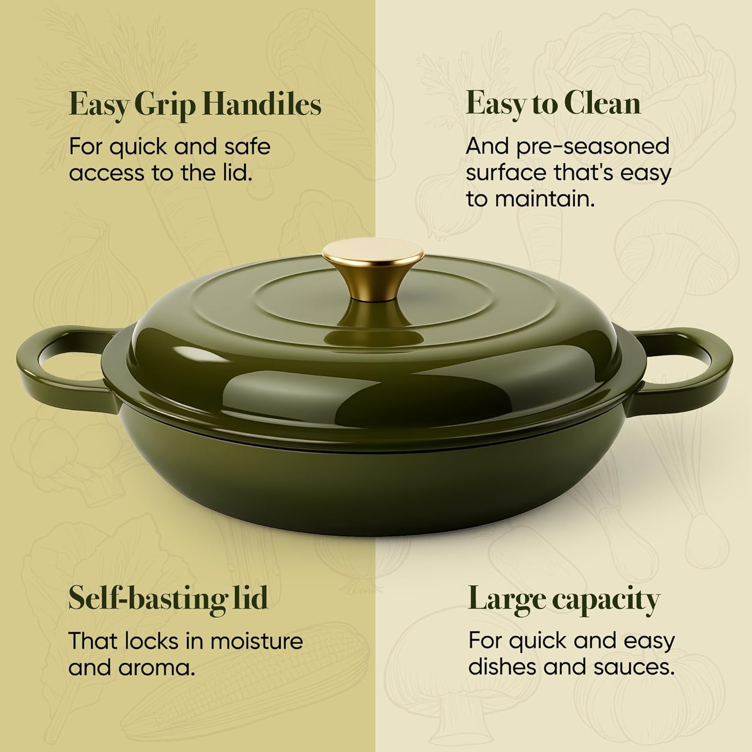 Vintage Style 3 Quart Enameled Cast Iron Braiser, Non Stick Enameled Cast Iron Skillet with Lid, Dutch Oven Skillet with lid up to 500°F for Oven, Stove, Grill, Shallow Dutch Oven for Cook, Bake (Gloden Green)