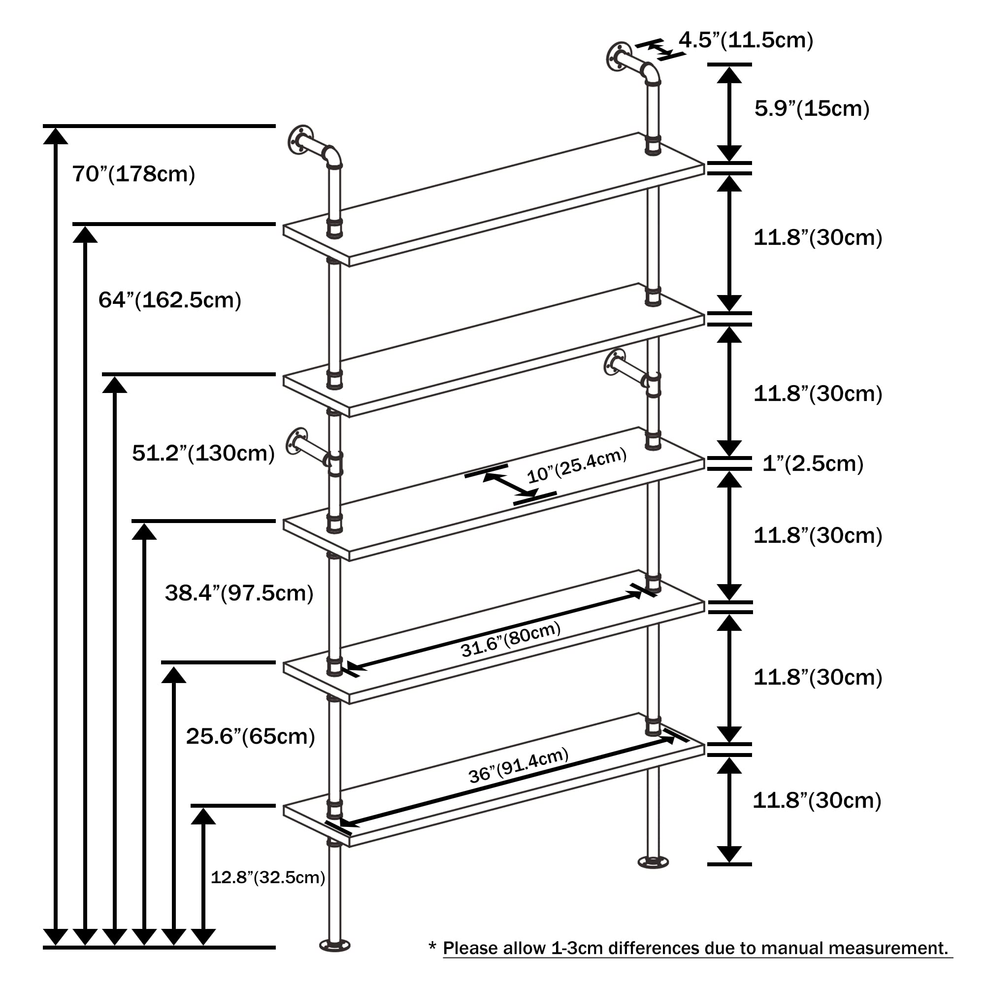 5 Tier Industrial Ladder Shelf Bookcase, Wall Mounted Rustic Bookshelf
