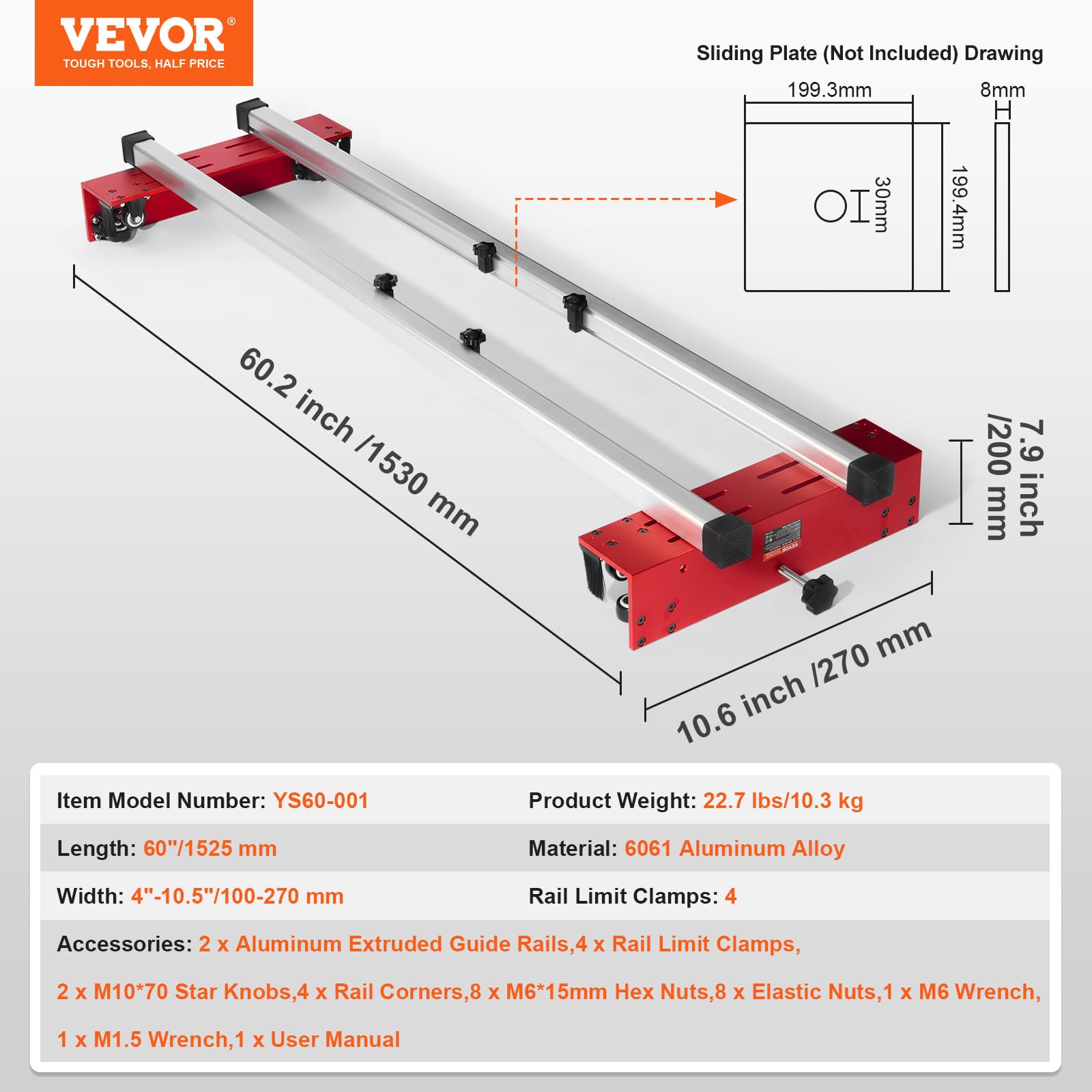 VEVOR Slitta per Fresatrice, Lunghezza 1525 mm Slitta per Router per Lavorazione del Legno per Spianare Lastre, Jig Guida per Lastre, Piallatrice per Rifinitura per Spianare Legno, Fai da Te per Casa