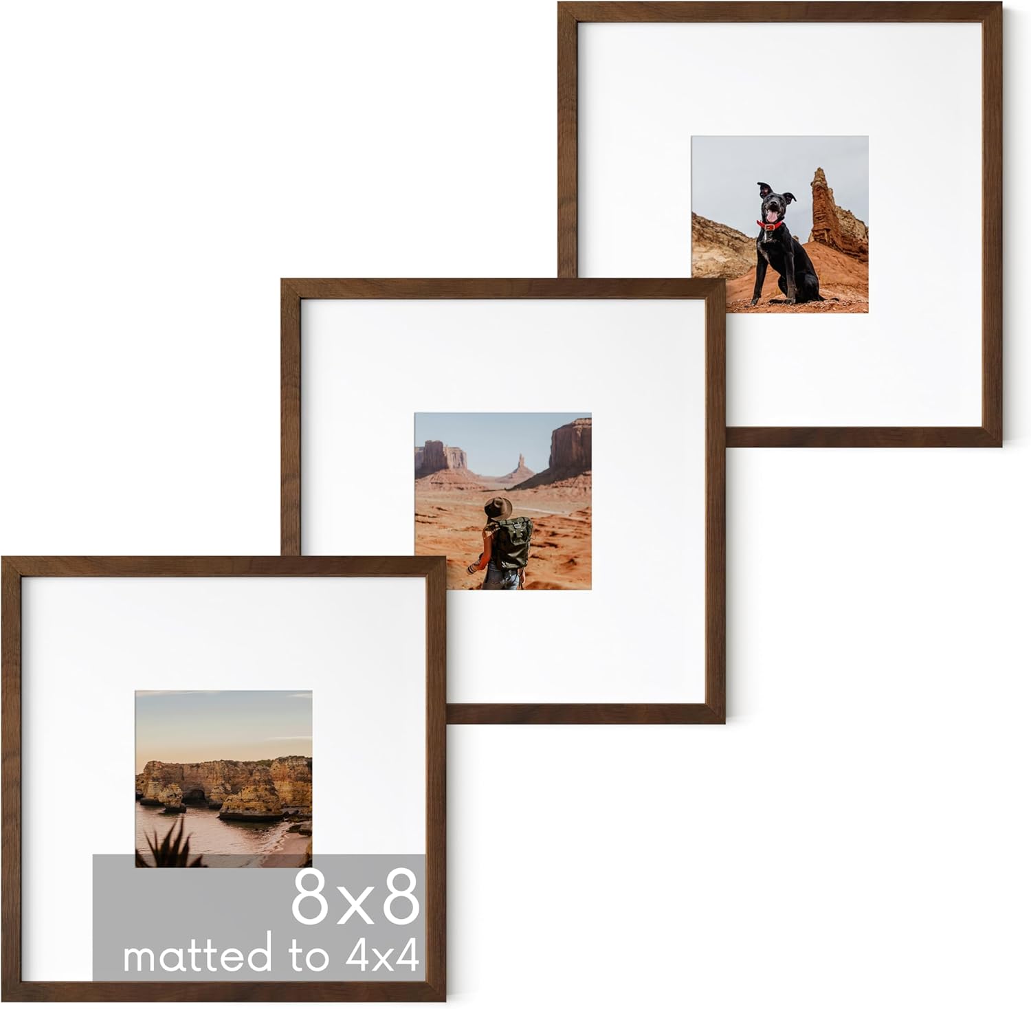 HAUS AND HUES Walnut Square Frames 8" x 8" Matted to 4" x 4" - 8"x8" Square Gallery Wall Frame Set Ideal for Home, Office (8x8 in, Walnut, Set of 3)