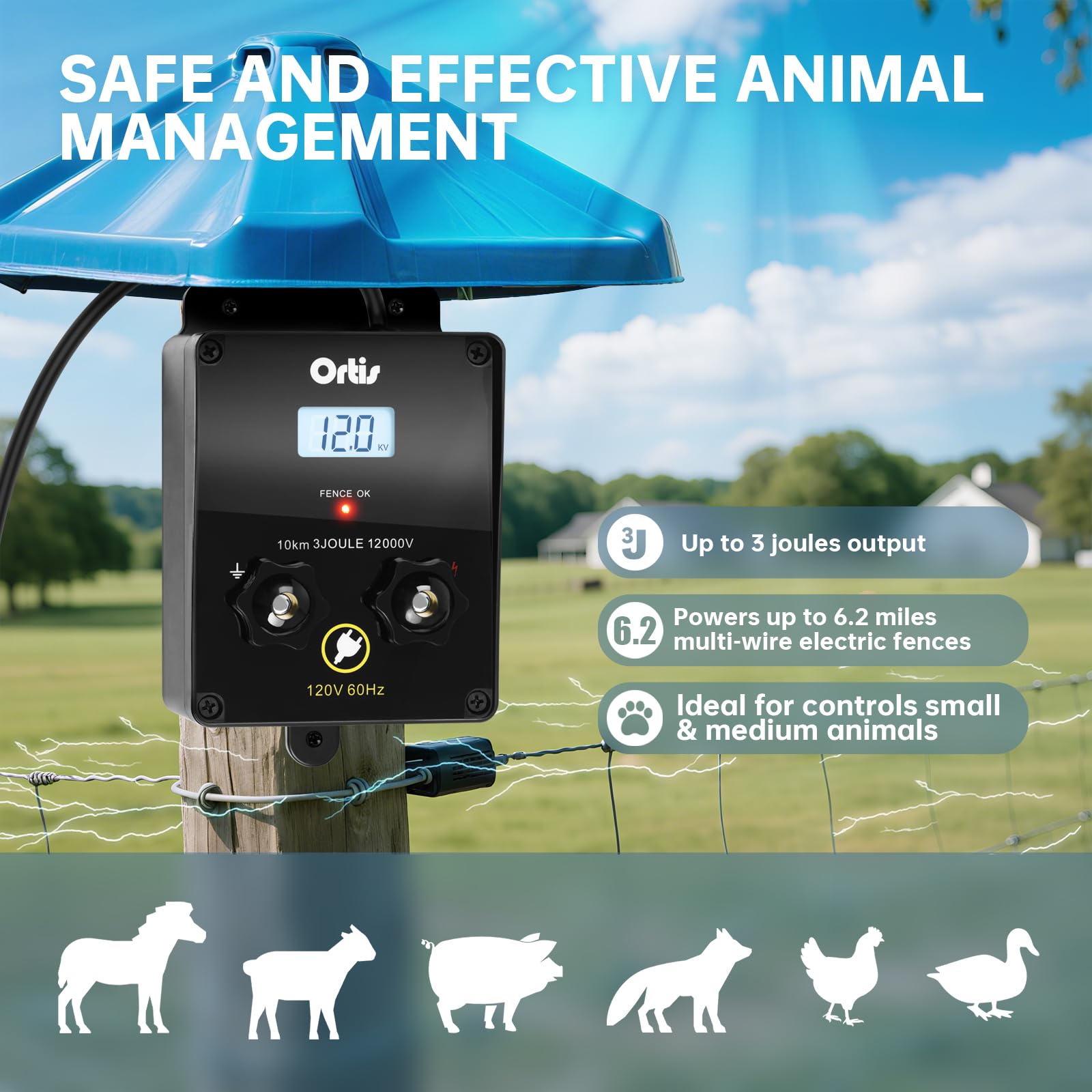 Ortis - Energizador eléctrico para valla con pantalla LCD, 12,000 V, 3 julios de carga eléctrica, rango de 6.2 millas, control seguro y eficaz de animales para protección de ganado, jardín y pastos