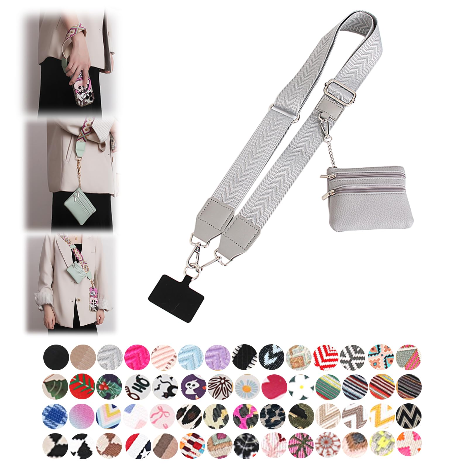 RENUIS Phone Strap with Zippered Pouch, Clip and Go Strap for Phone with Wallet Crossbody, Adjustable Crossbody Phone Strap