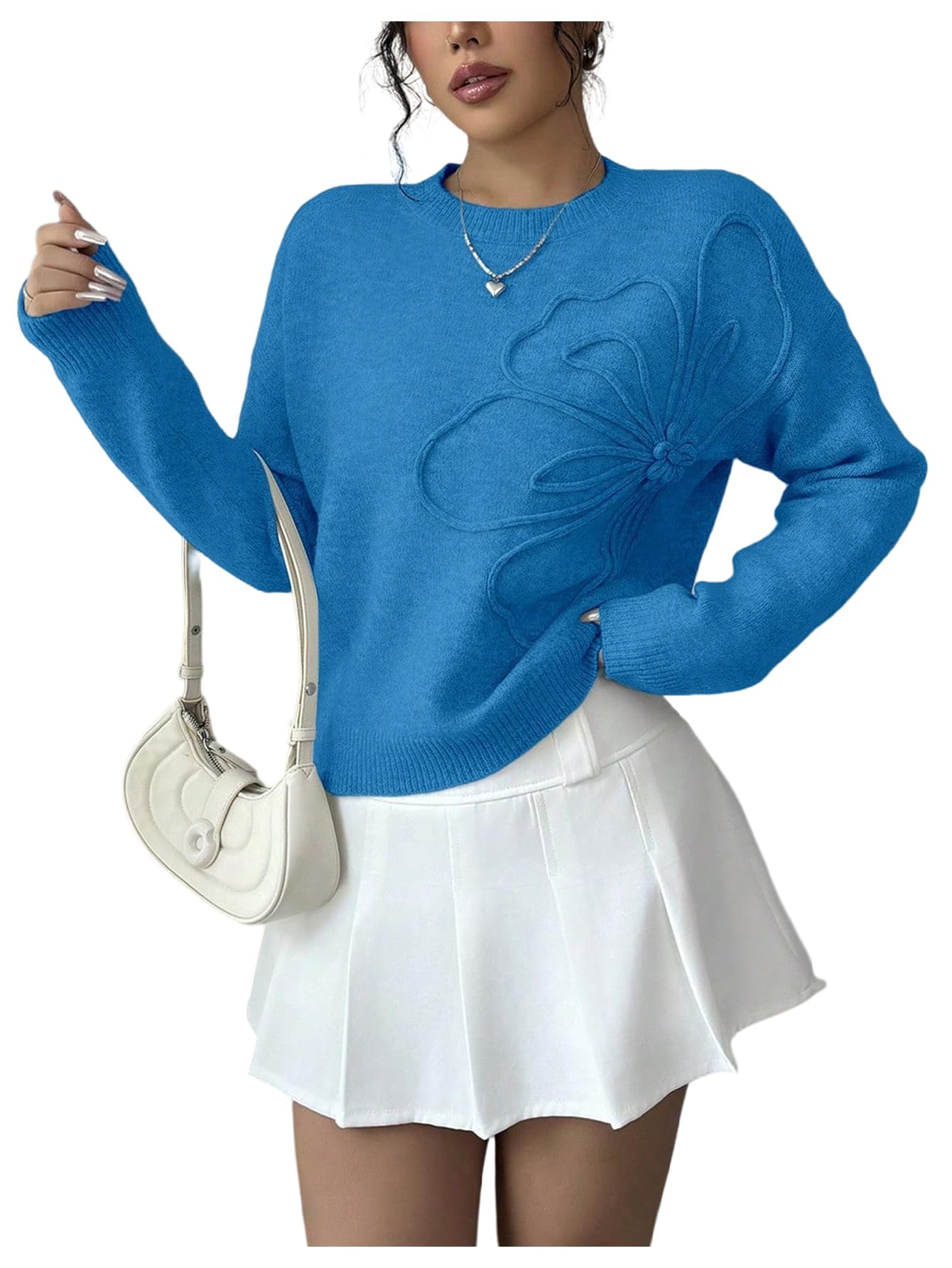 RoseSeek Women's 3D Floral Appliques Sweaters Long Sleeve Knit Tops