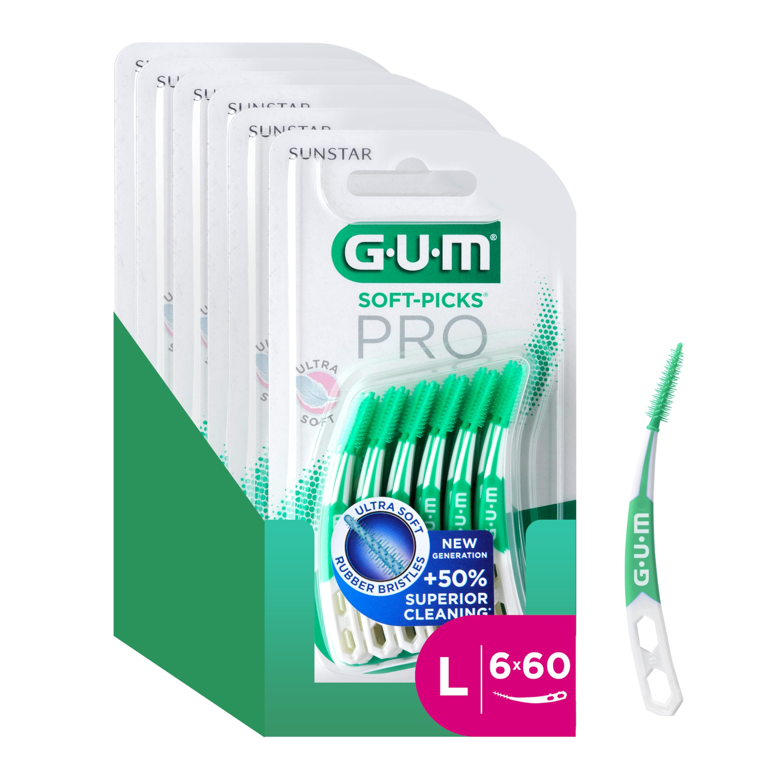 GUM SOFT-PICKS PRO Interdentalreiniger | gebogene Form für leichten Zugang zu schwer zugänglichen Stellen | sanfte Wirkung für empfindliches Zahnfleisch [L - 6x60]