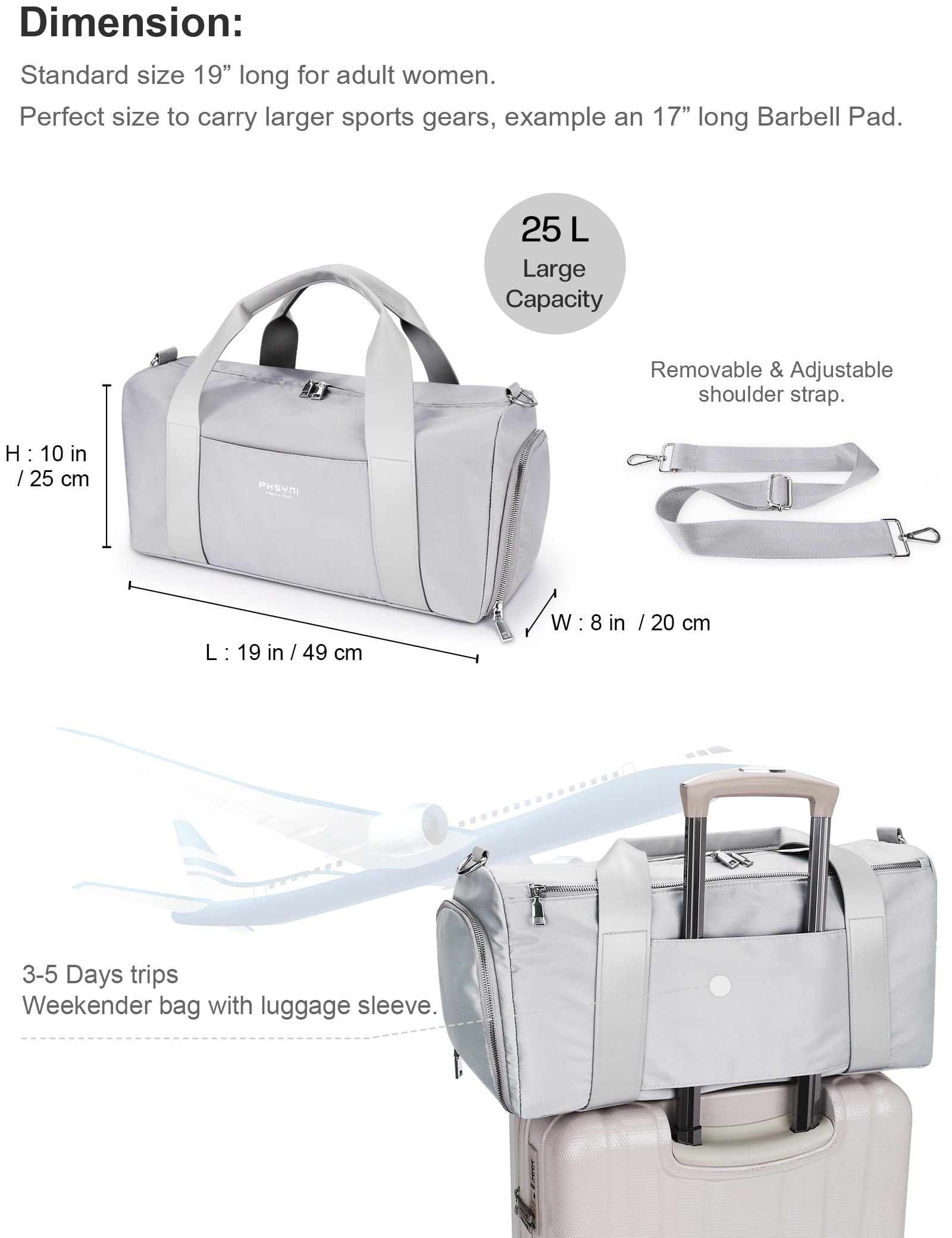 Borsa da palestra per donne, ragazze e uomini, Grigio, 19" Medium Size, Manico in pelle PU facile da trasportare
